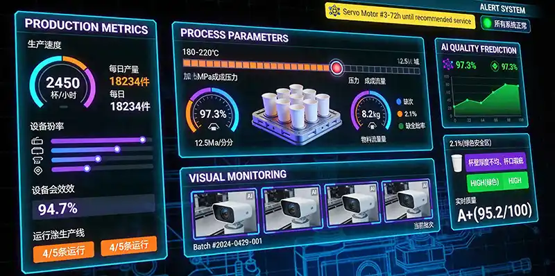 Futuristic control room dashboard showing real-time cup production metrics and AI quality predictions