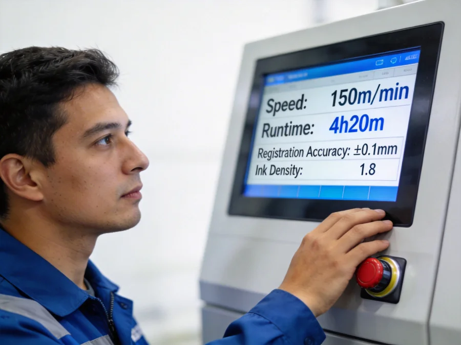 Operator tablet showing a production dashboard with reject rate, speed, and temperature readings