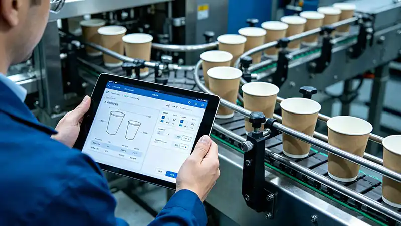 operator adjusting cup diameter via touchscreen HMI