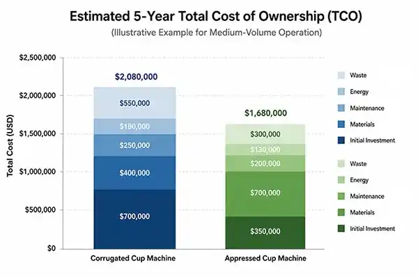 A simple bar chart comparing the estimated 5-year total cost of ownership (TCO) for both machine types, showing corrugated machines have a higher initial cost but lower material expenses