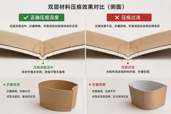 Side-by-side comparison of correct vs. too-shallow crease on double wall material
