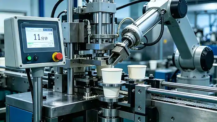 Timer display on a cup forming line showing 11 minutes for a complete size changeover